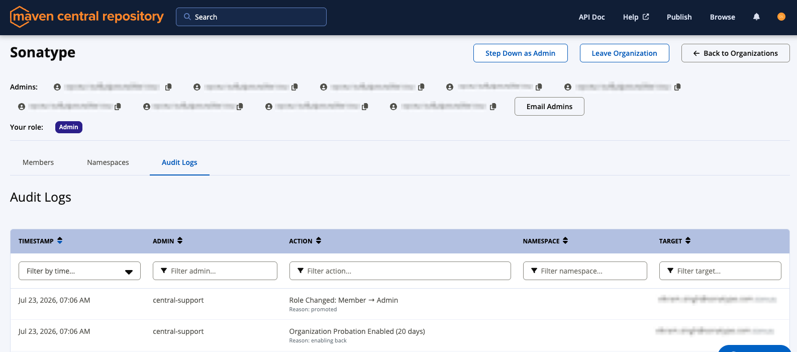 Organization Details View with Audit Logs Tab Open