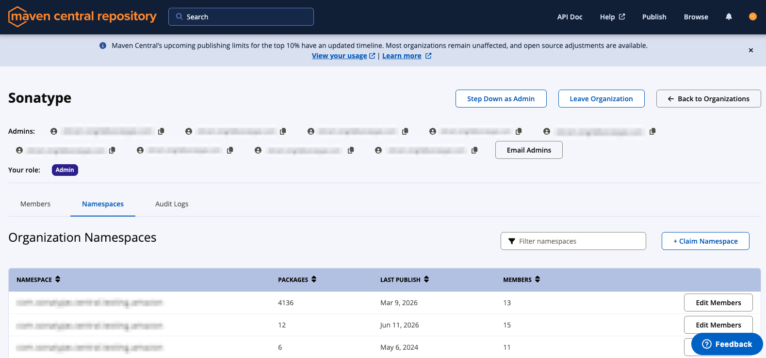 Organization Details View with Namespaces Tab Open