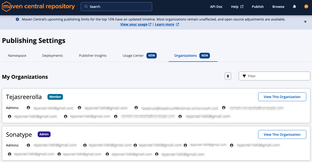 Organizations Tab in Publish Section