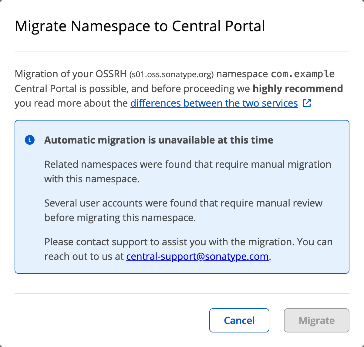 The same migration popup, but with a note indicating that automatic
   migration is unavailable and a list of
   reasons