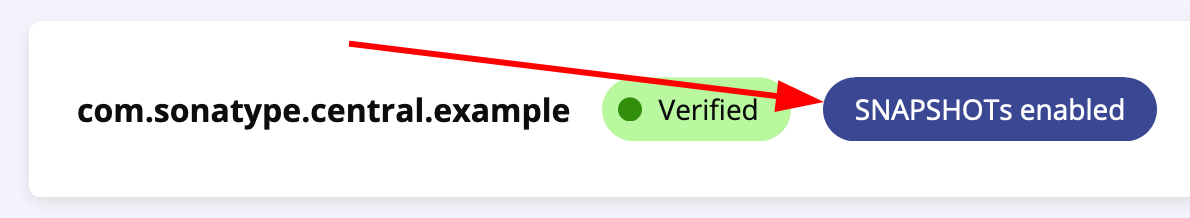 A screenshot of the same row in the namespaces list with a red arrow that
points to the badge that says SNAPSHOTs
enabled