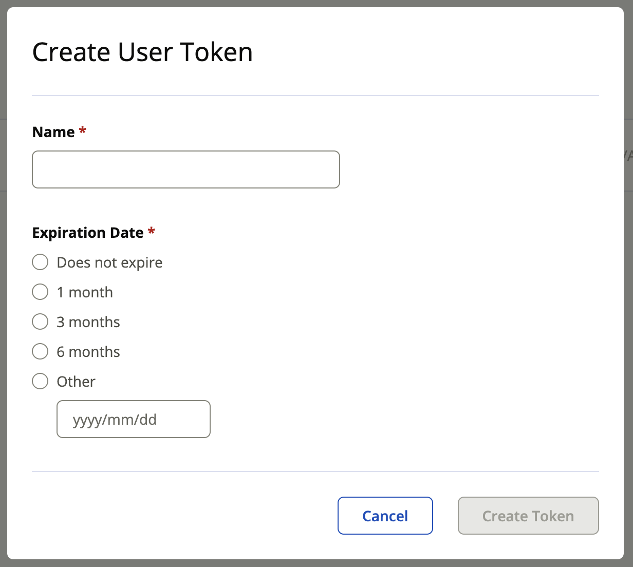 A screenshot of the
   user token generation popup that shows the Name and Expiration Date settings