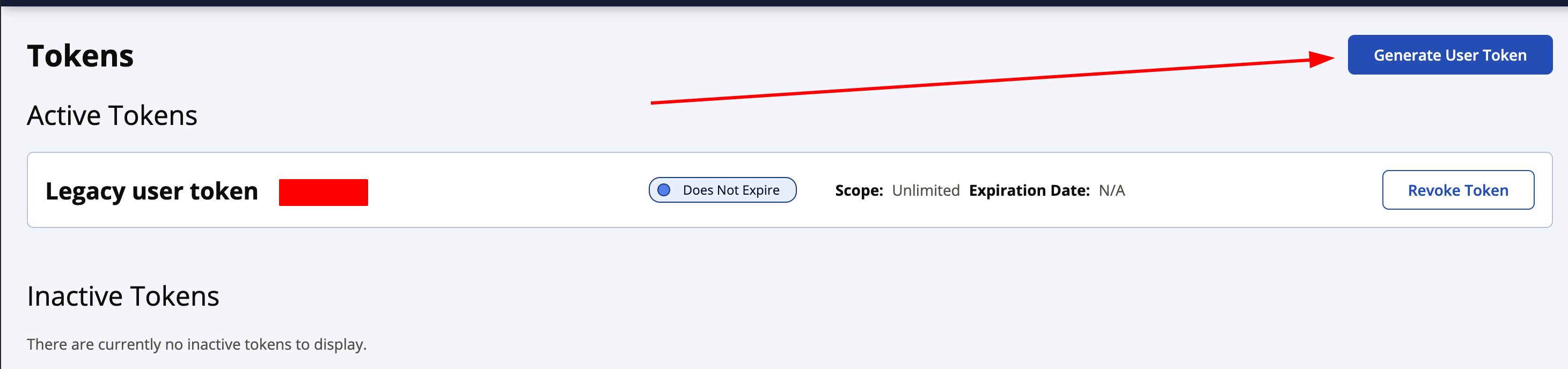 A screenshot of the user tokens page that shows the Generate User Token
   button