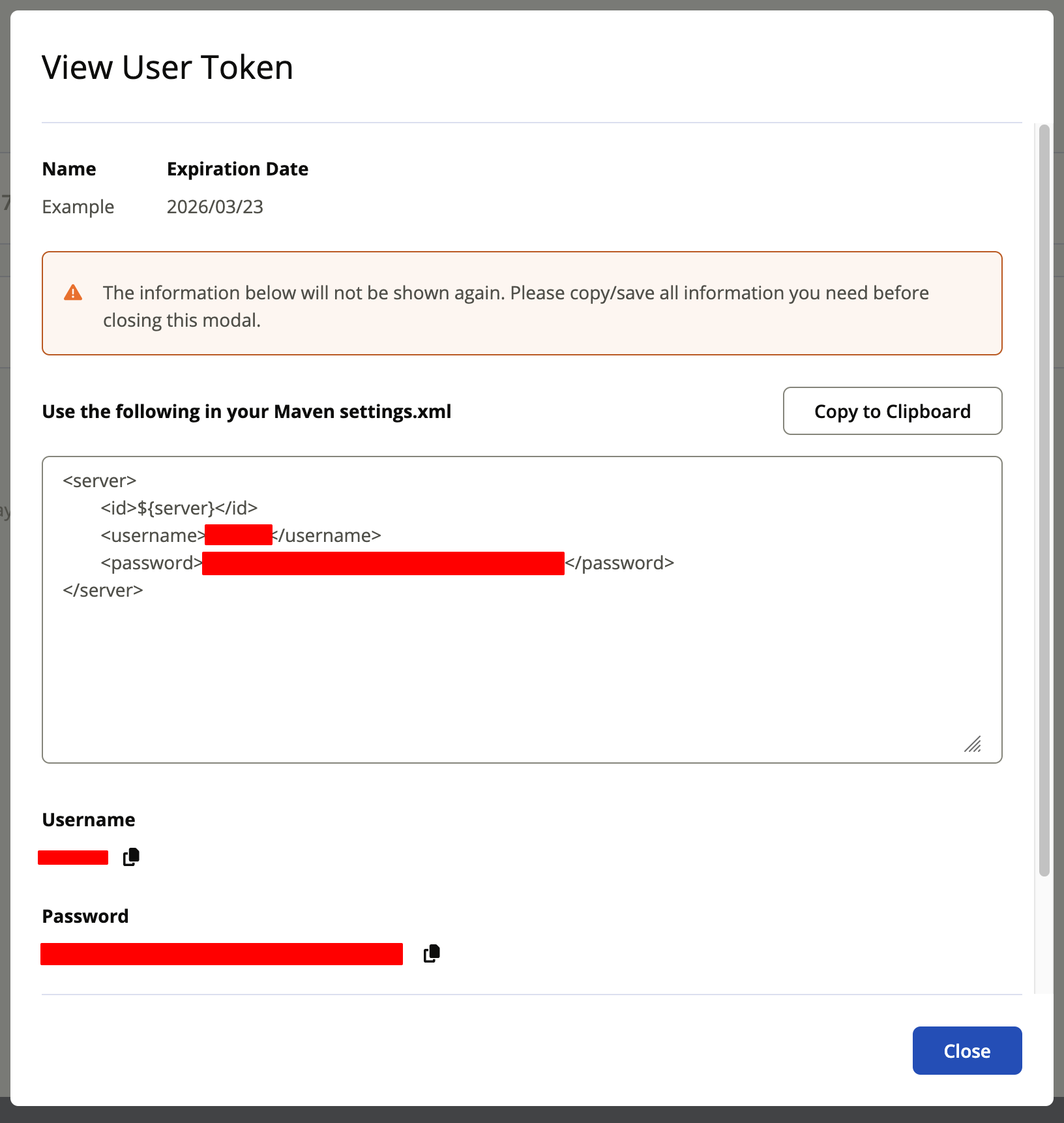 A Screenshot of the modal that displays the user token once it has been
   generated